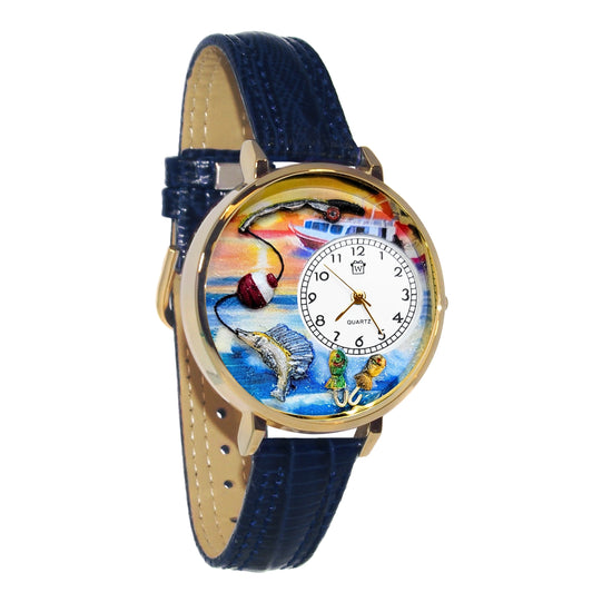 Whimsical Gifts | Fishing 3D Watch Large Style | Handmade in USA | Hobbies & Special Interests | Outdoor Hobbies | Novelty Unique Fun Miniatures Gift | Gold Finish Blue Leather Watch Band