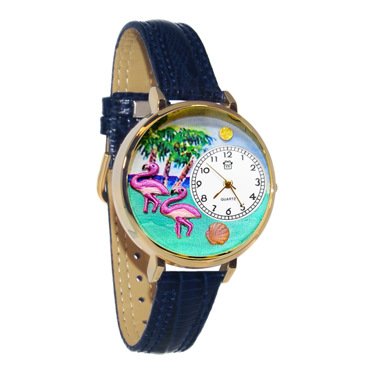 Whimsical Gifts | Flamingo 3D Watch Large Style | Handmade in USA | Holiday & Seasonal Themed | Spring & Summer Fun | Novelty Unique Fun Miniatures Gift | Gold Finish Blue Leather Watch Band