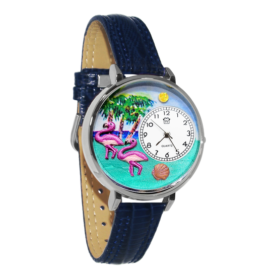 Whimsical Gifts | Flamingo 3D Watch Large Style | Handmade in USA | Holiday & Seasonal Themed | Spring & Summer Fun | Novelty Unique Fun Miniatures Gift | Silver Finish Blue Leather Watch Band
