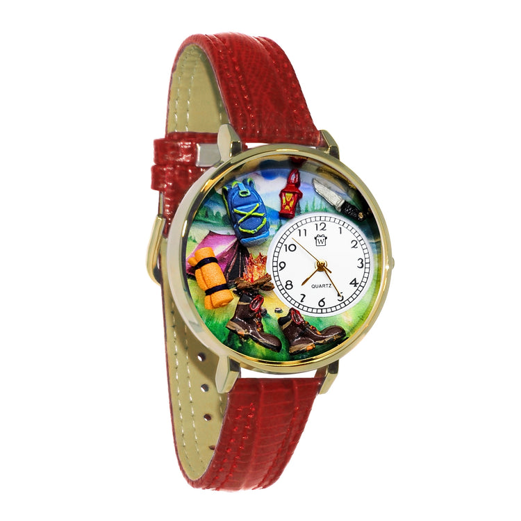 Whimsical Gifts | Hiking Camping 3D Watch Large Style | Handmade in USA | Hobbies & Special Interests | Outdoor Hobbies | Novelty Unique Fun Miniatures Gift | Gold Finish Red Leather Watch Band