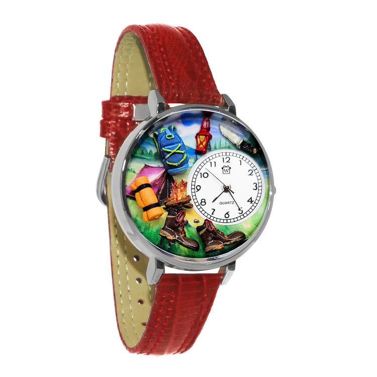 Whimsical Gifts | Hiking Camping 3D Watch Large Style | Handmade in USA | Hobbies & Special Interests | Outdoor Hobbies | Novelty Unique Fun Miniatures Gift | Silver Finish Red Leather Watch Band