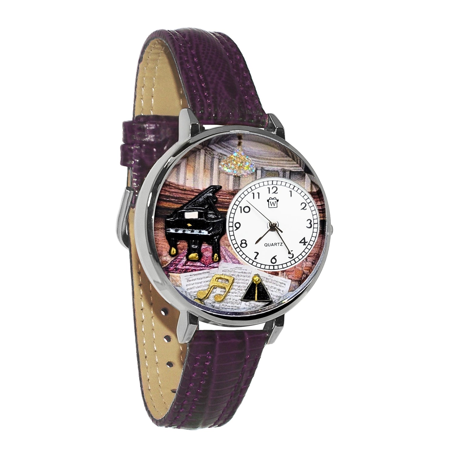 Whimsical Gifts |  Piano Recital 3D Watch Large Style | Handmade in USA | Hobbies & Special Interests | Music | Novelty Unique Fun Miniatures Gift | Silver Finish Dark Purple Leather Watch Band