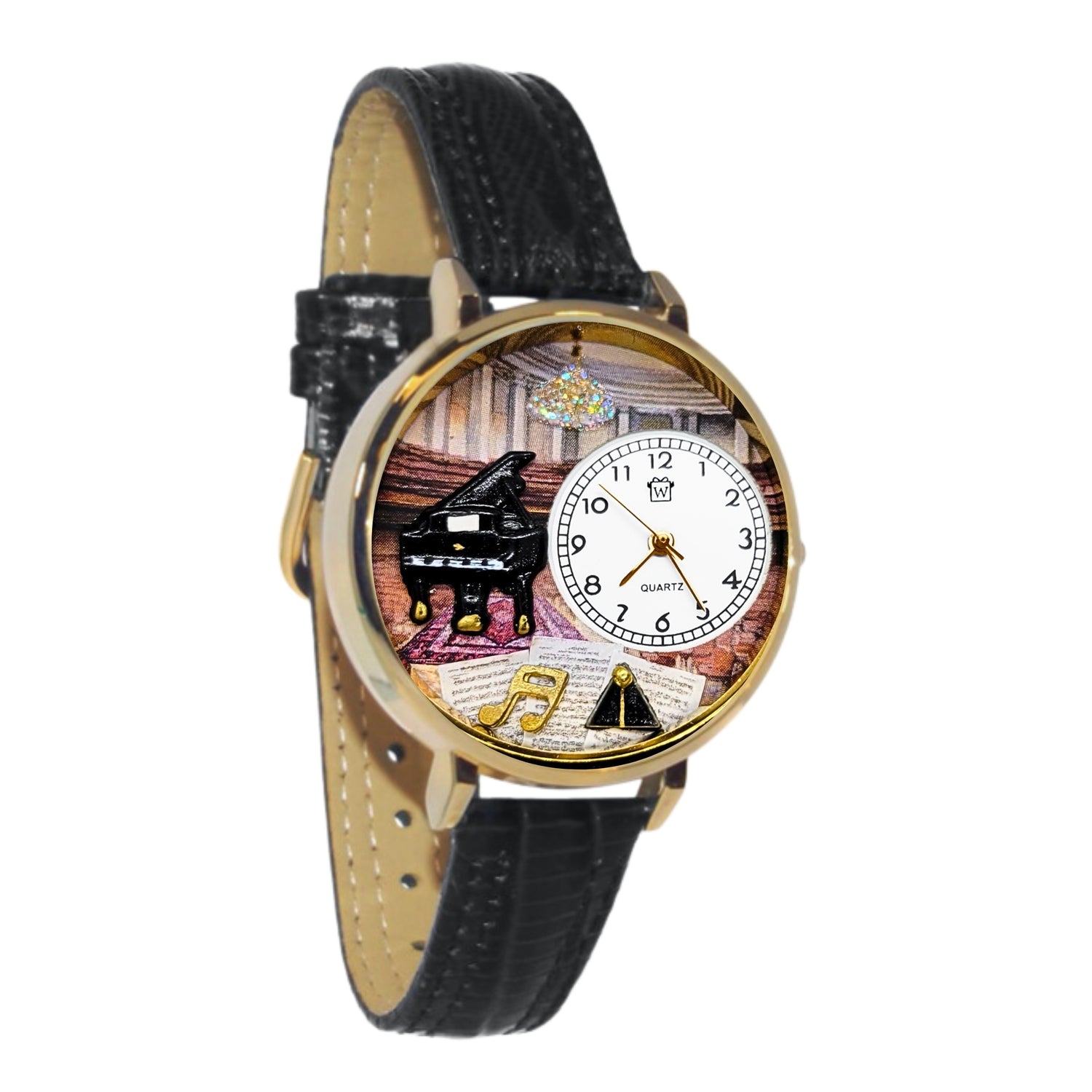 Whimsical Gifts |  Piano Recital 3D Watch Large Style | Handmade in USA | Hobbies & Special Interests | Music | Novelty Unique Fun Miniatures Gift | Gold Finish Black Leather Watch Band