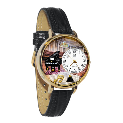 Whimsical Gifts |  Piano Recital 3D Watch Large Style | Handmade in USA | Hobbies & Special Interests | Music | Novelty Unique Fun Miniatures Gift | Gold Finish Black Leather Watch Band