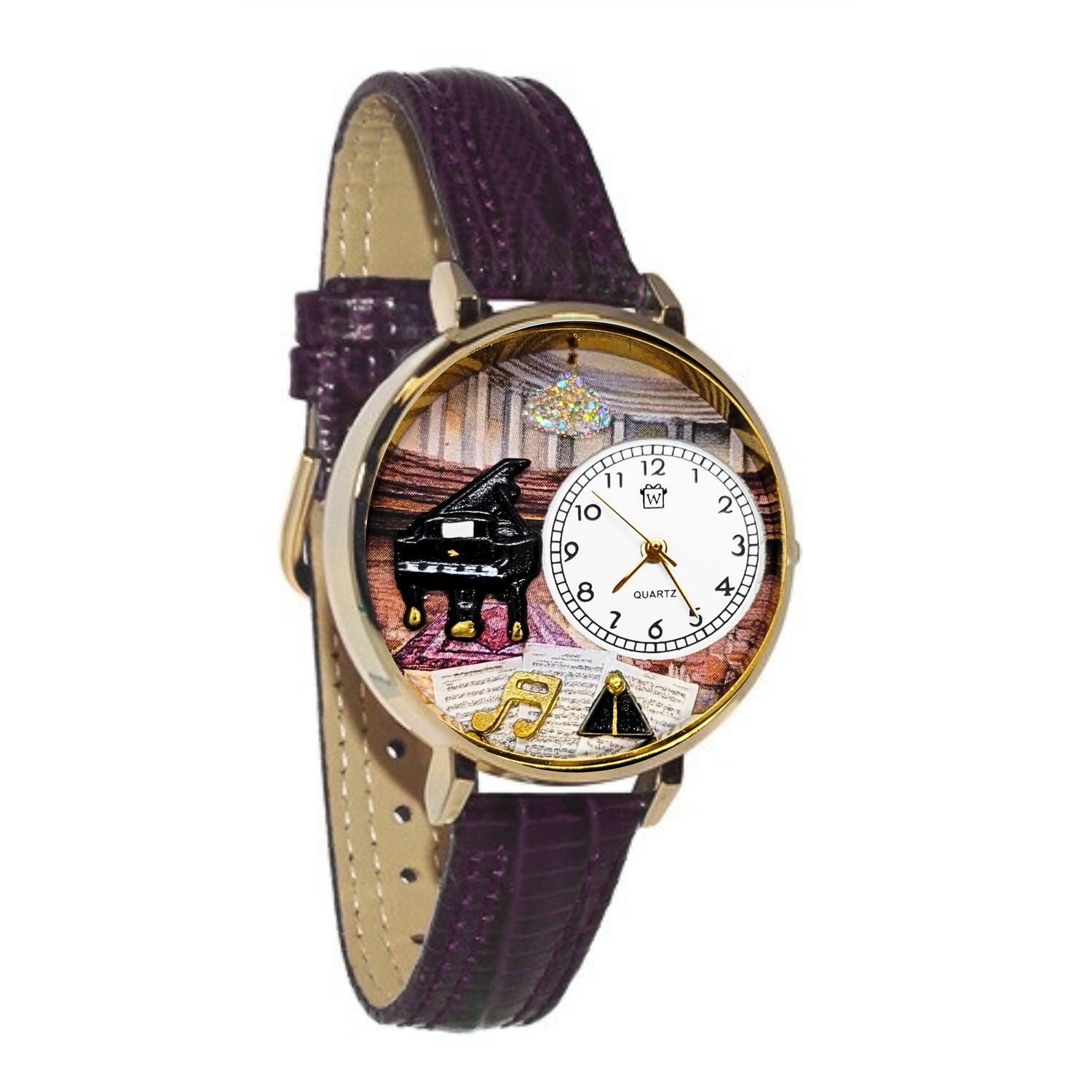 Whimsical Gifts |  Piano Recital 3D Watch Large Style | Handmade in USA | Hobbies & Special Interests | Music | Novelty Unique Fun Miniatures Gift | Gold Finish Dark Purple Leather Watch Band