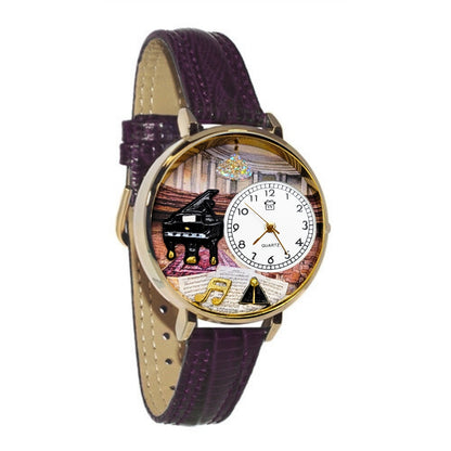 Whimsical Gifts |  Piano Recital 3D Watch Large Style | Handmade in USA | Hobbies & Special Interests | Music | Novelty Unique Fun Miniatures Gift | Gold Finish Dark Purple Leather Watch Band