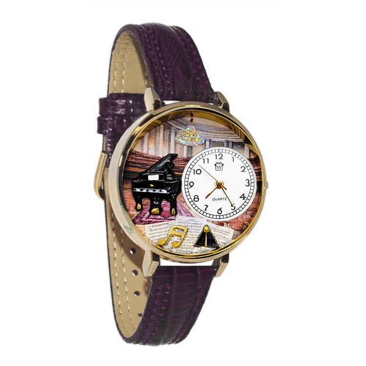 Whimsical Gifts |  Piano Recital 3D Watch Large Style | Handmade in USA | Hobbies & Special Interests | Music | Novelty Unique Fun Miniatures Gift | Gold Finish Dark Purple Leather Watch Band