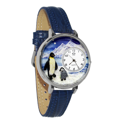 Whimsical Gifts | Penguin 3D Watch Large Style | Handmade in USA | Animal Lover | Zoo & Sealife | Novelty Unique Fun Miniatures Gift | Silver Finish Navy Blue Leather Watch Band