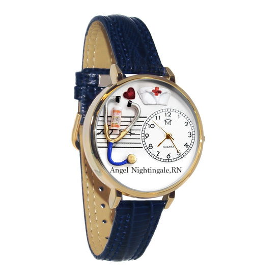 Whimsical Gifts | Personalized Nurse Red Cross 3D Watch Large Style | Handmade in USA | Professions Themed | Nurse | Novelty Unique Fun Miniatures Gift | Gold Finish Navy Blue Leather Watch Band