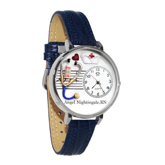 Whimsical Gifts | Personalized Nurse Red Cross 3D Watch Large Style | Handmade in USA | Professions Themed | Nurse | Novelty Unique Fun Miniatures Gift | Silver Finish Navy Blue Leather Watch Band