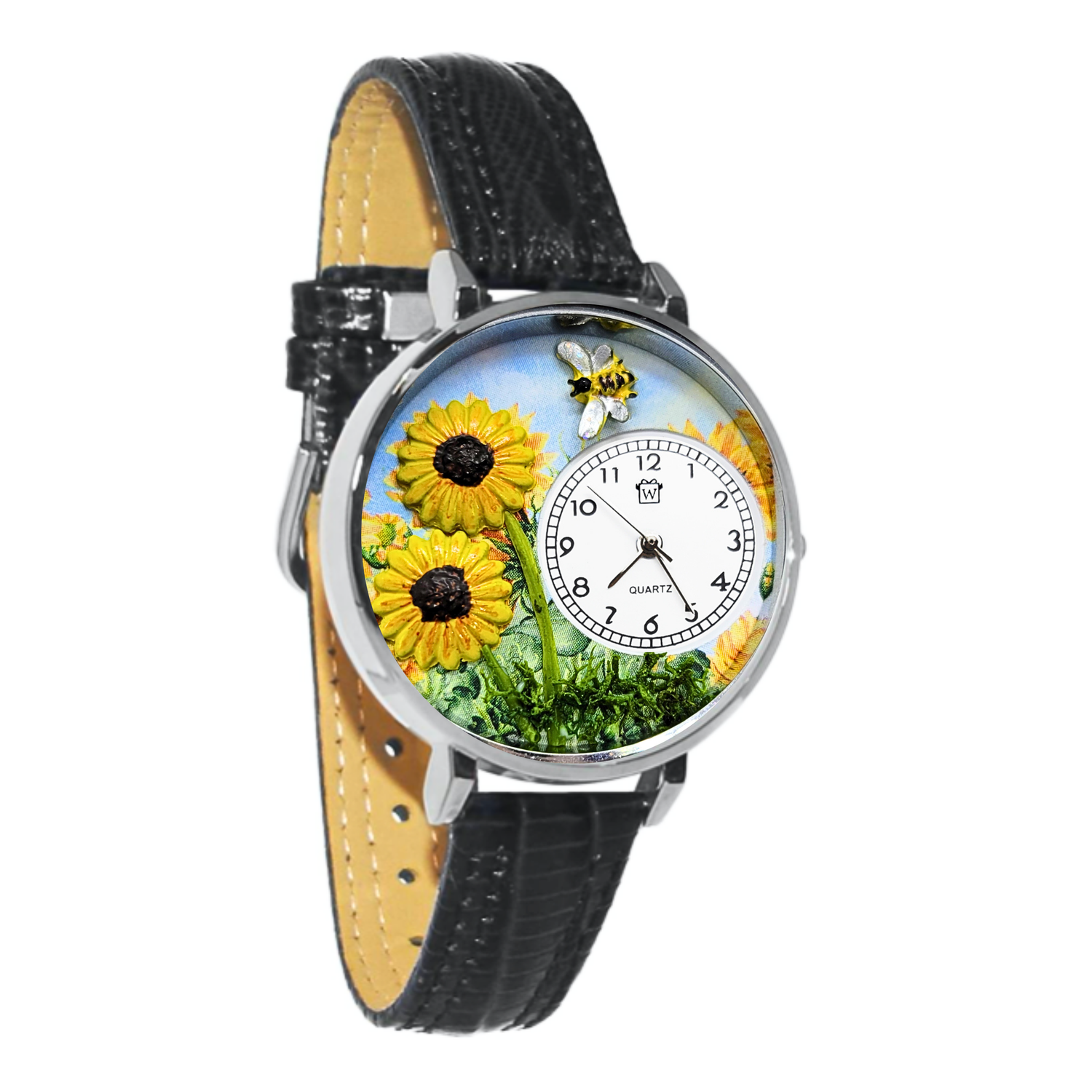 Whimsical Gifts | Sunflower 3D Watch Large Style | Handmade in USA | Holiday & Seasonal Themed | Spring & Summer Fun | Novelty Unique Fun Miniatures Gift | Silver Finish Black Leather Watch Band