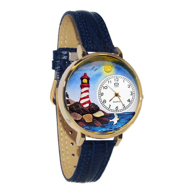 Whimsical Gifts | Lighthouse 3D Watch Large Style | Handmade in USA | Holiday & Seasonal Themed | Spring & Summer Fun | Novelty Unique Fun Miniatures Gift | Gold Finish Navy Blue Leather Watch Band