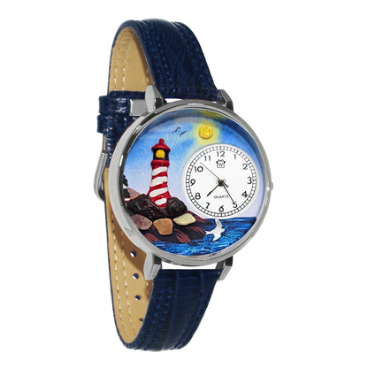 Whimsical Gifts | Lighthouse 3D Watch Large Style | Handmade in USA | Holiday & Seasonal Themed | Spring & Summer Fun | Novelty Unique Fun Miniatures Gift | Silver Finish Navy Blue Leather Watch Band