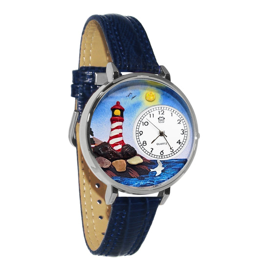 Whimsical Gifts | Lighthouse 3D Watch Large Style | Handmade in USA | Holiday & Seasonal Themed | Spring & Summer Fun | Novelty Unique Fun Miniatures Gift | Silver Finish Navy Blue Leather Watch Band