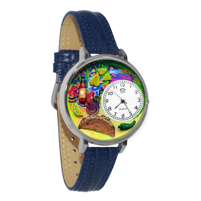 Whimsical Gifts | Taco Lover 3D Watch Large Style | Handmade in USA | Hobbies & Special Interests | Food & Wine | Novelty Unique Fun Miniatures Gift | Silver Finish Blue Leather Watch Band