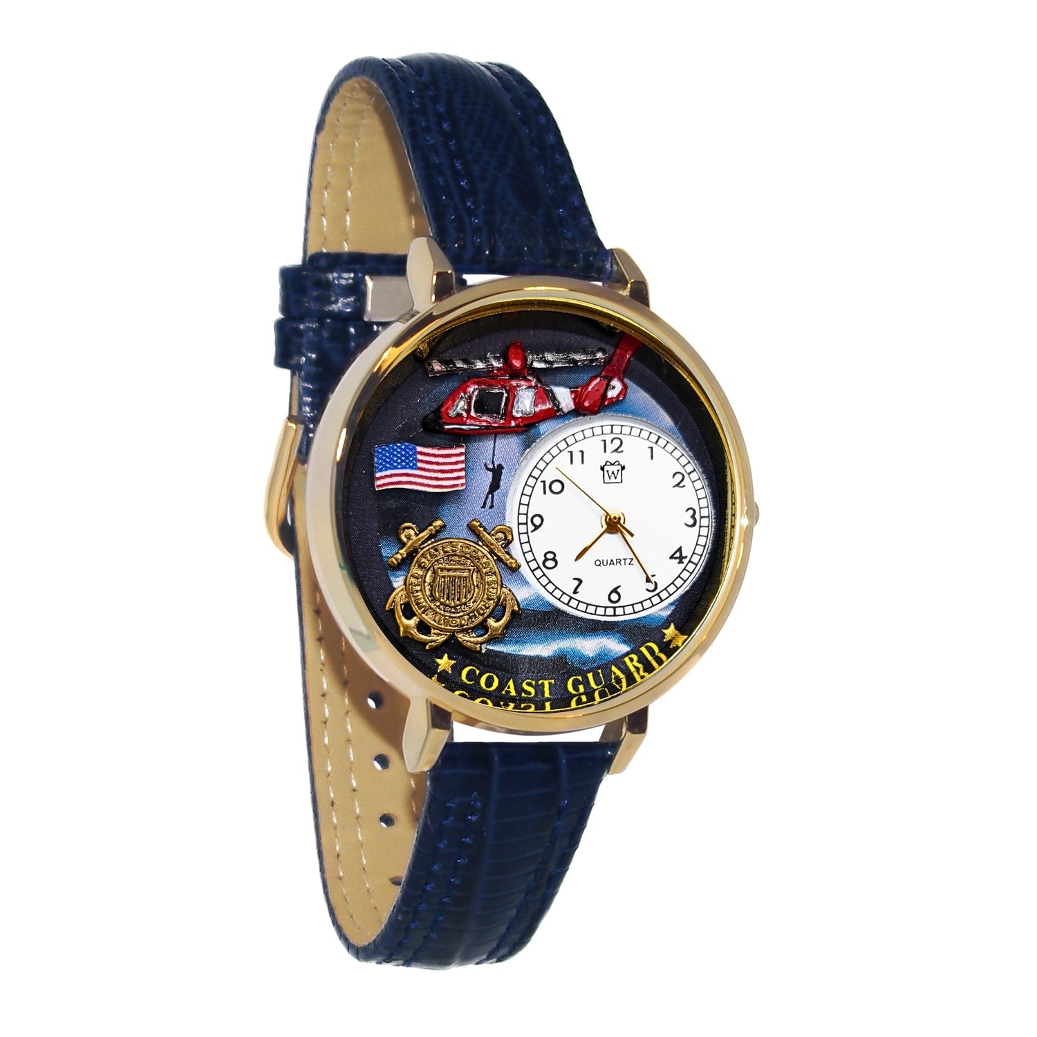 Whimsical Gifts | United States Coast Guard 3D Watch Large Style | Handmade in USA | Patriotic |  | Novelty Unique Fun Miniatures Gift | Gold Finish Navy Blue Leather Watch Band