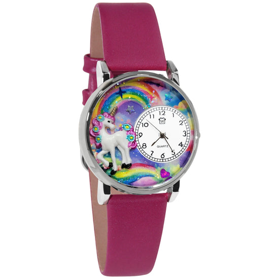 Whimsical Gifts | Unicorn 3D Watch Large Style | Handmade in USA | Fantasy & Mystical |  | Novelty Unique Fun Miniatures Gift | Silver Finish Magenta Leather Watch Band