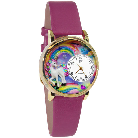 Whimsical Gifts | Unicorn 3D Watch Large Style | Handmade in USA | Fantasy & Mystical |  | Novelty Unique Fun Miniatures Gift | Gold Finish Magenta Leather Watch Band