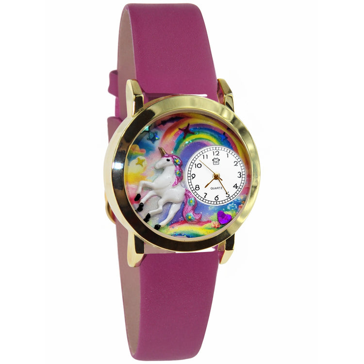 Whimsical Gifts | Unicorn 3D Watch Small Style | Handmade in USA | Fantasy & Mystical |  | Novelty Unique Fun Miniatures Gift | Gold Finish Fuschia Leather Watch Band