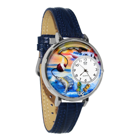 Whimsical Gifts | Fishing 3D Watch Large Style | Handmade in USA | Hobbies & Special Interests | Outdoor Hobbies | Novelty Unique Fun Miniatures Gift | Silver Finish Blue Leather Watch Band