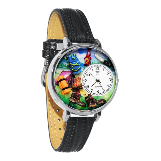 Whimsical Gifts | Hiking Camping 3D Watch Large Style | Handmade in USA | Hobbies & Special Interests | Outdoor Hobbies | Novelty Unique Fun Miniatures Gift | Silver Finish Black Leather Watch Band