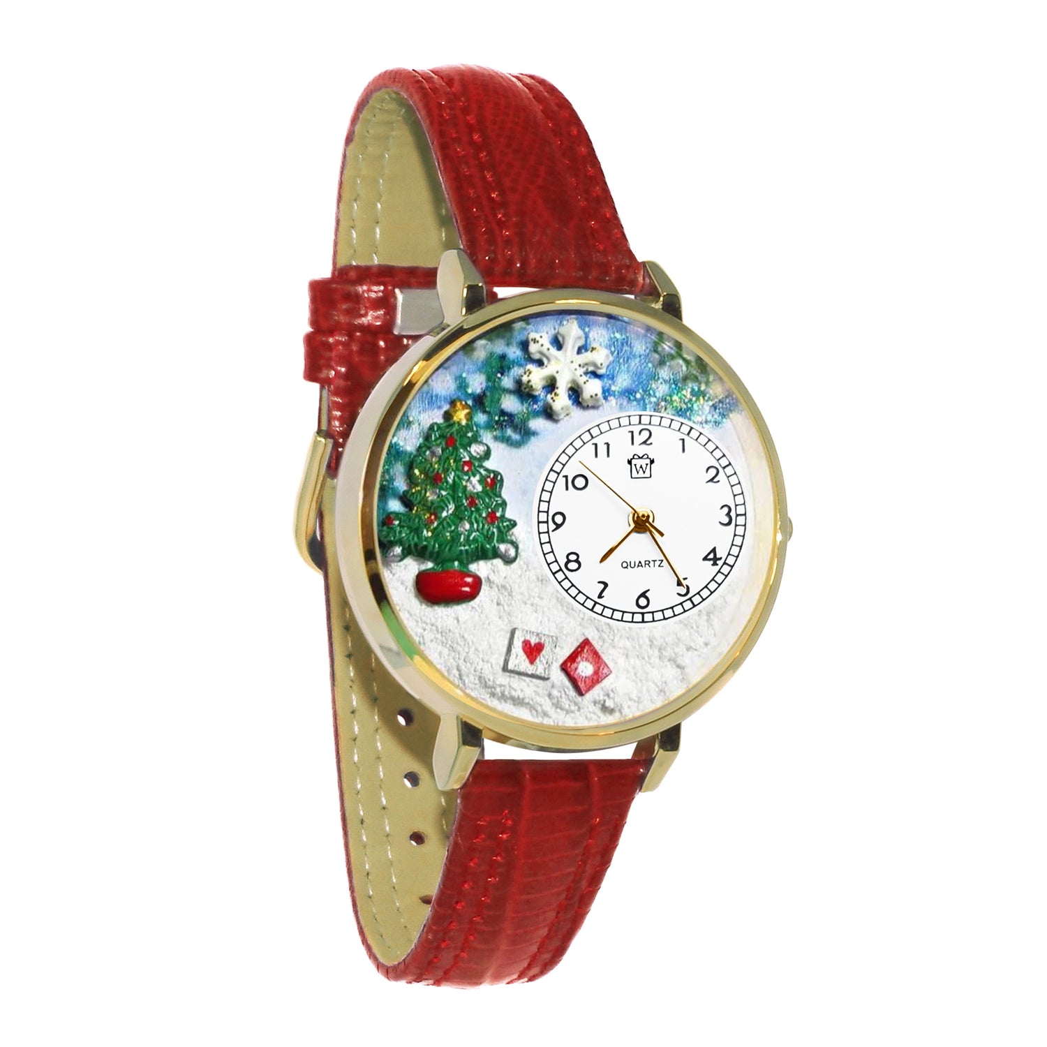 Whimsical Gifts | Christmas Tree 3D Watch Large Style | Handmade in USA | Holiday & Seasonal Themed | Christmas | Novelty Unique Fun Miniatures Gift | Gold Finish Red Leather Watch Band