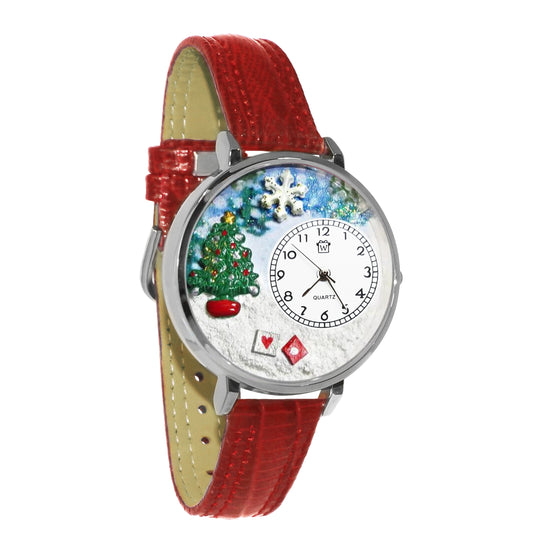 Whimsical Gifts | Christmas Tree 3D Watch Large Style | Handmade in USA | Holiday & Seasonal Themed | Christmas | Novelty Unique Fun Miniatures Gift | Silver Finish Red Leather Watch Band