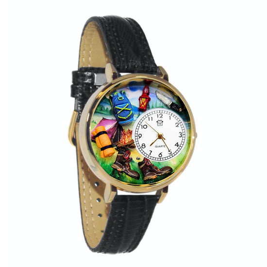 Whimsical Gifts | Hiking Camping 3D Watch Large Style | Handmade in USA | Hobbies & Special Interests | Outdoor Hobbies | Novelty Unique Fun Miniatures Gift | Gold Finish Black Leather Watch Band