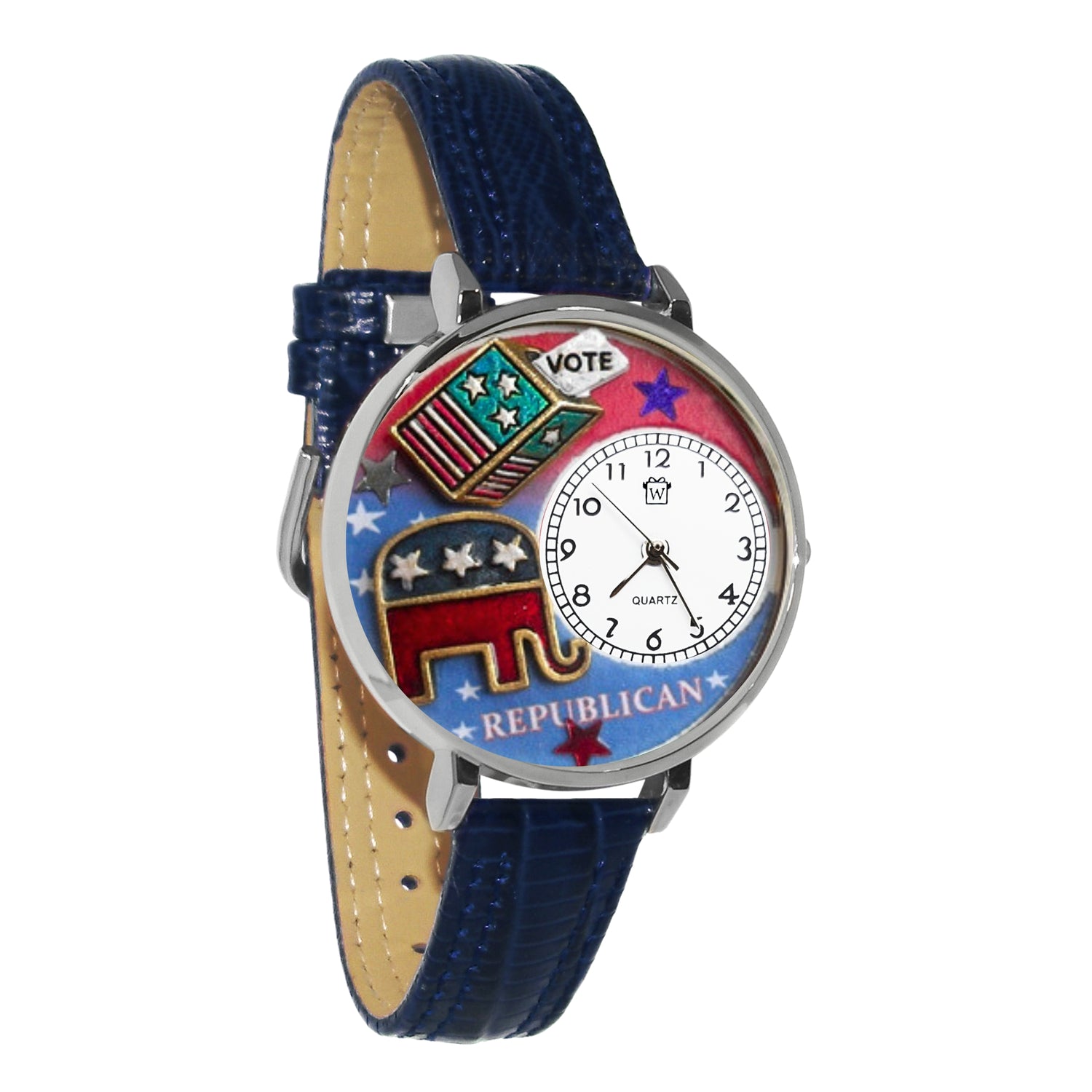 Whimsical Gifts | Republican 3D Watch Large Style | Handmade in USA | Patriotic |  | Novelty Unique Fun Miniatures Gift | Silver Finish Navy Blue Leather Watch Band