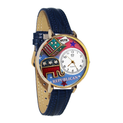Whimsical Gifts | Republican 3D Watch Large Style | Handmade in USA | Patriotic |  | Novelty Unique Fun Miniatures Gift | Gold Finish Navy Blue Leather Watch Band
