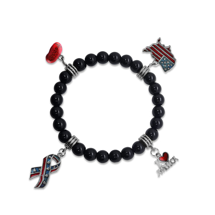 Whimsical Gifts | American Patriotic Genuine Onyx Charm Bracelet | Handmade in USA | 4 Hand-Painted Charms| Stretch Bracelet| Antique Silver | Jewelry