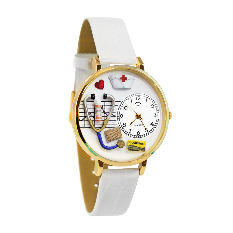 Whimsical Gifts | Nurse Red Cross 3D Watch Large Style | Handmade in USA | Professions Themed | Nurse | Novelty Unique Fun Miniatures Gift | Gold Finish White Leather Watch Band