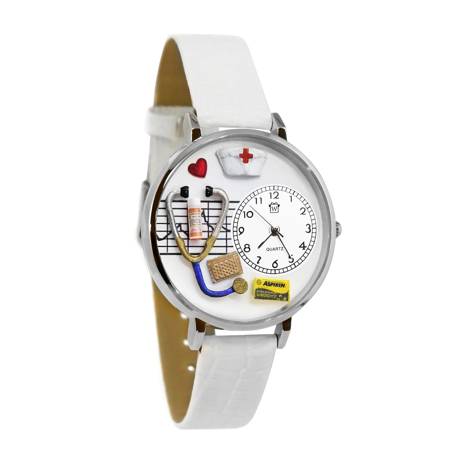 Whimsical Gifts | Nurse Red Cross 3D Watch Large Style | Handmade in USA | Professions Themed | Nurse | Novelty Unique Fun Miniatures Gift | Silver Finish White Leather Watch Band