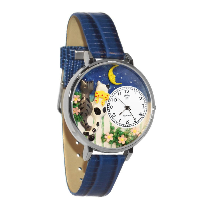 Whimsical Gifts | Cats Nights Out 3D Watch Large Style | Handmade in USA | Animal Lover | Cat Lover | Novelty Unique Fun Miniatures Gift | Silver Finish Royal Blue Leather Watch Band