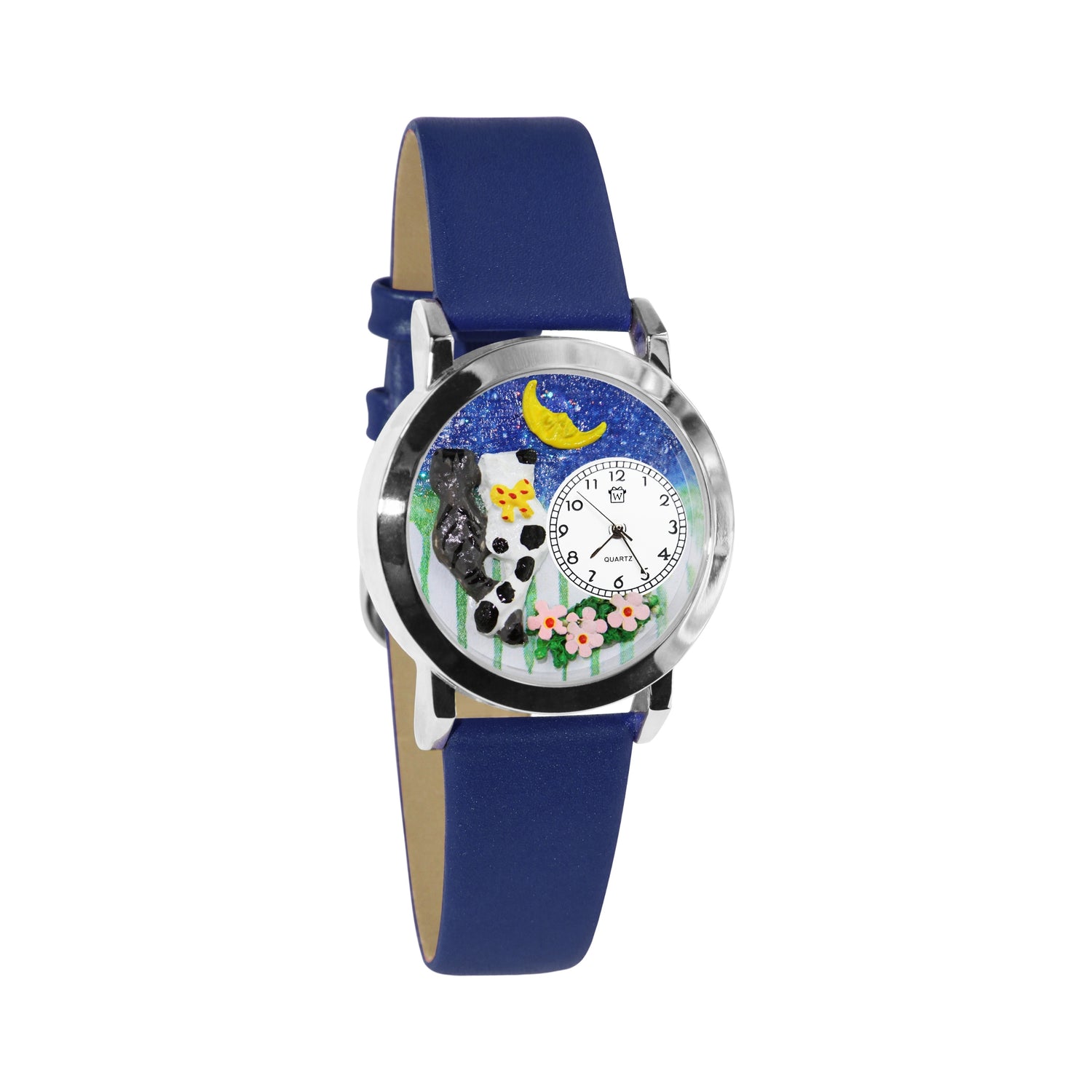 Whimsical Gifts | Cats Nights Out 3D Watch Small Style | Handmade in USA | Animal Lover | Cat Lover | Novelty Unique Fun Miniatures Gift | Silver Finish Navy Blue Leather Watch Band
