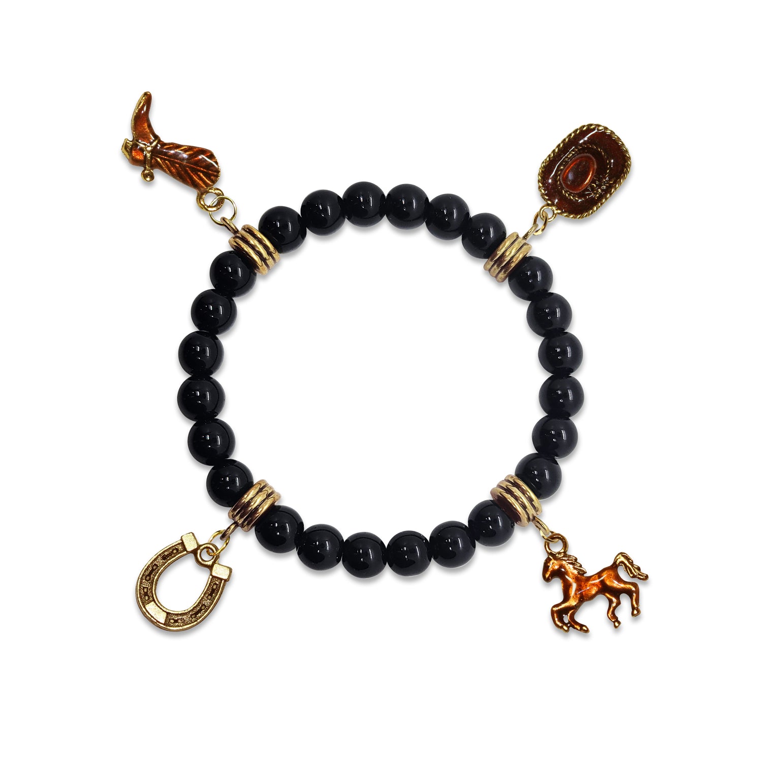 Whimsical Gifts | Horse Lover Genuine Onyx Charm Bracelet | Handmade in USA | 4 Hand-Painted Charms| Stretch Bracelet| Antique Gold | Jewelry