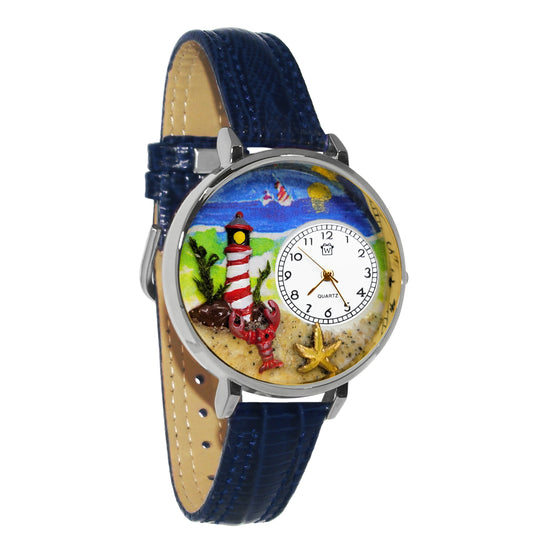 Whimsical Gifts | Lighthouse 3D Watch Large Style | Handmade in USA | Holiday & Seasonal Themed | Spring & Summer Fun | Novelty Unique Fun Miniatures Gift | Silver Finish Navy Blue Leather Watch Band