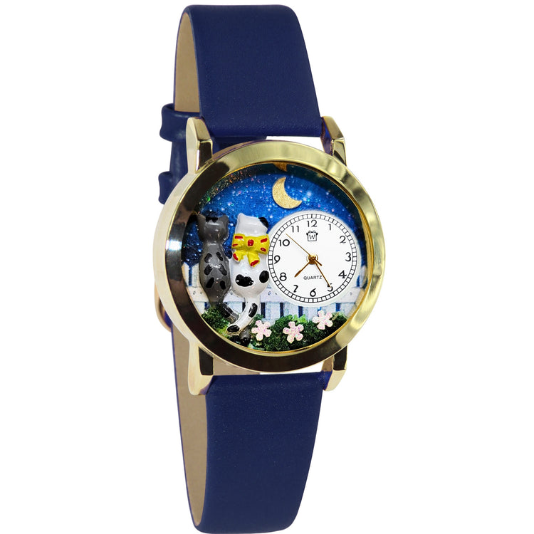 Whimsical Gifts | Cats Nights Out 3D Watch Small Style | Handmade in USA | Animal Lover | Cat Lover | Novelty Unique Fun Miniatures Gift | Gold Finish Navy Blue Leather Watch Band