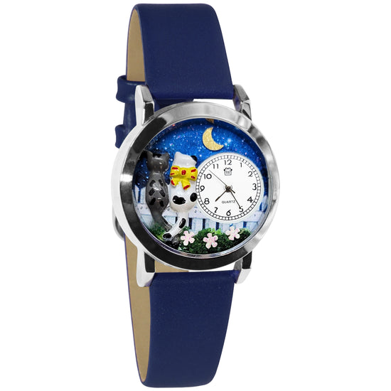 Whimsical Gifts | Cats Nights Out 3D Watch Small Style | Handmade in USA | Animal Lover | Cat Lover | Novelty Unique Fun Miniatures Gift | Silver Finish Navy  Blue Leather Watch Band