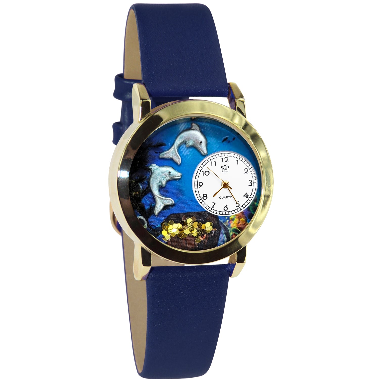 Whimsical Gifts | Dolphin 3D Watch Small Style | Handmade in USA | Animal Lover | Zoo & Sealife | Novelty Unique Fun Miniatures Gift | Gold Finish Light Blue Leather Watch Band