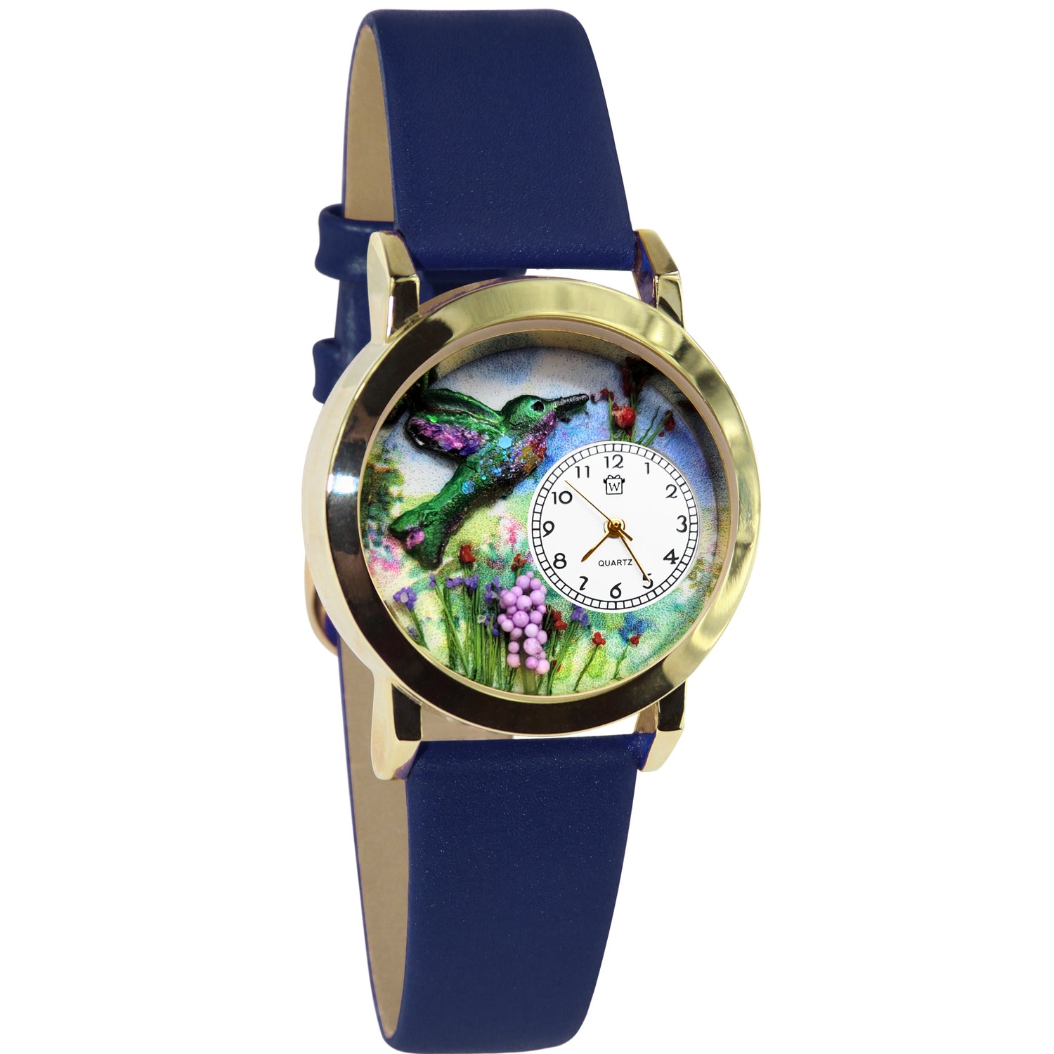 Whimsical Gifts | Hummingbirds 3D Watch Small Style | Handmade in USA | Animal Lover | Outdoor & Garden | Novelty Unique Fun Miniatures Gift | Gold Finish Navy Leather Watch Band