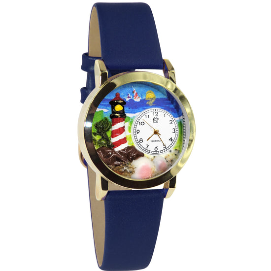Whimsical Gifts | Lighthouse 3D Watch Small Style | Handmade in USA | Holiday & Seasonal Themed | Spring & Summer Fun | Novelty Unique Fun Miniatures Gift | Gold Finish Blue Leather Watch Band