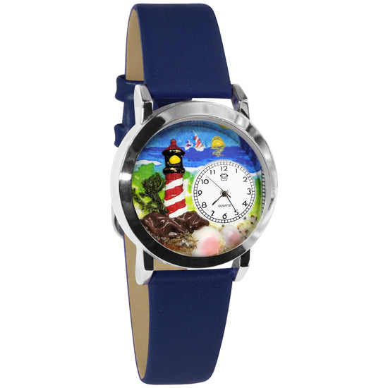 Whimsical Gifts | Lighthouse 3D Watch Small Style | Handmade in USA | Holiday & Seasonal Themed | Spring & Summer Fun | Novelty Unique Fun Miniatures Gift | Silver Finish Blue Leather Watch Band