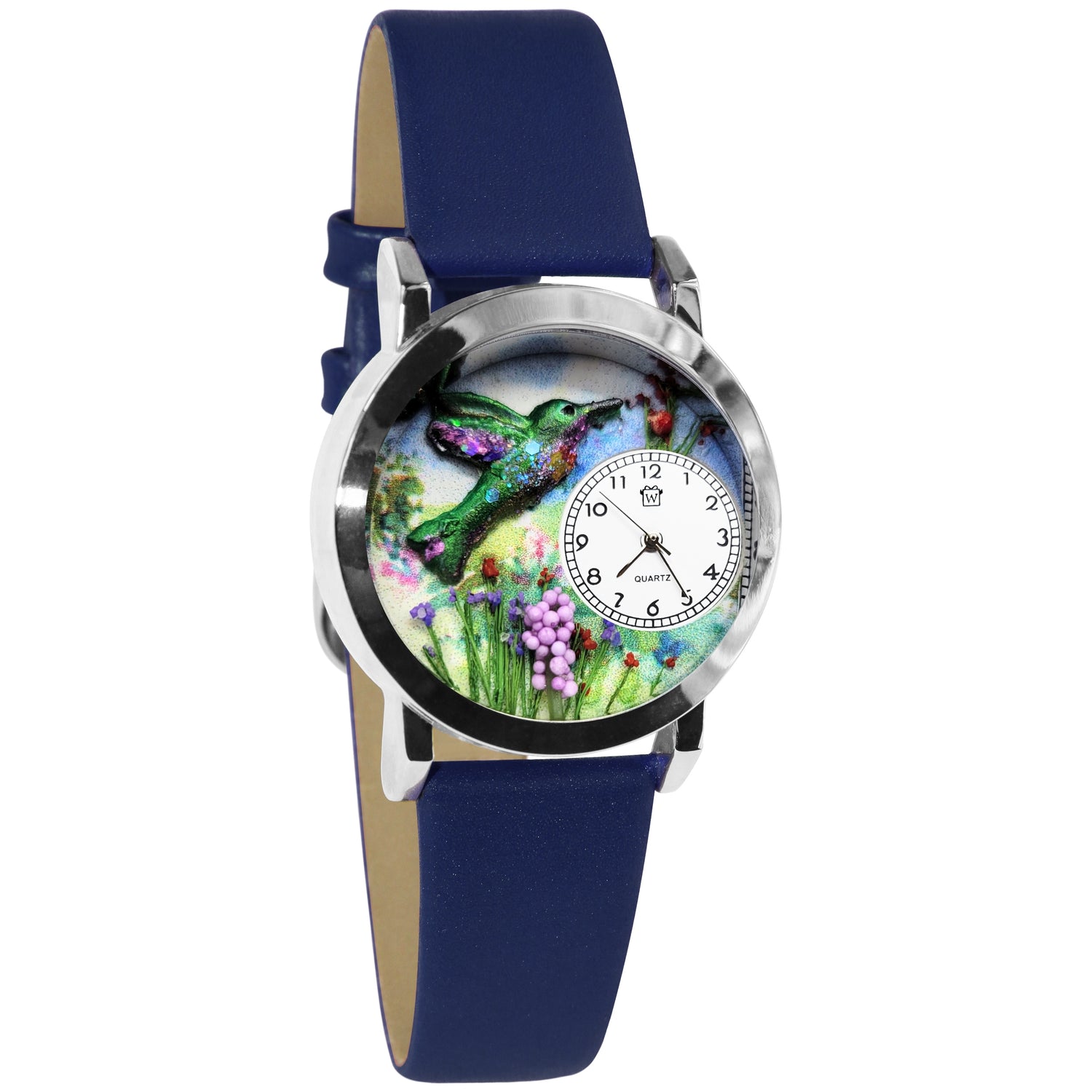 Whimsical Gifts | Hummingbirds 3D Watch Small Style | Handmade in USA | Animal Lover | Outdoor & Garden | Novelty Unique Fun Miniatures Gift | Silver Finish Navy Leather Watch Band