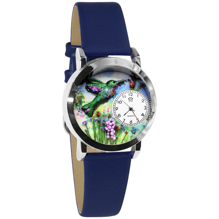 Whimsical Gifts | Hummingbirds 3D Watch Small Style | Handmade in USA | Animal Lover | Outdoor & Garden | Novelty Unique Fun Miniatures Gift | Silver Finish Navy Leather Watch Band