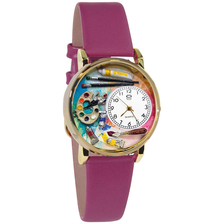 Whimsical Gifts | Artist Palette Bright and Bold 3D Watch Large Style | Handmade in USA | Artist |  | Novelty Unique Fun Miniatures Gift | Gold Finish  Fuscia Leather Watch Band