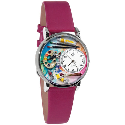 Whimsical Gifts | Artist Palette Bright and Bold 3D Watch Large Style | Handmade in USA | Artist |  | Novelty Unique Fun Miniatures Gift | Silver Finish Fuscia Leather Watch Band