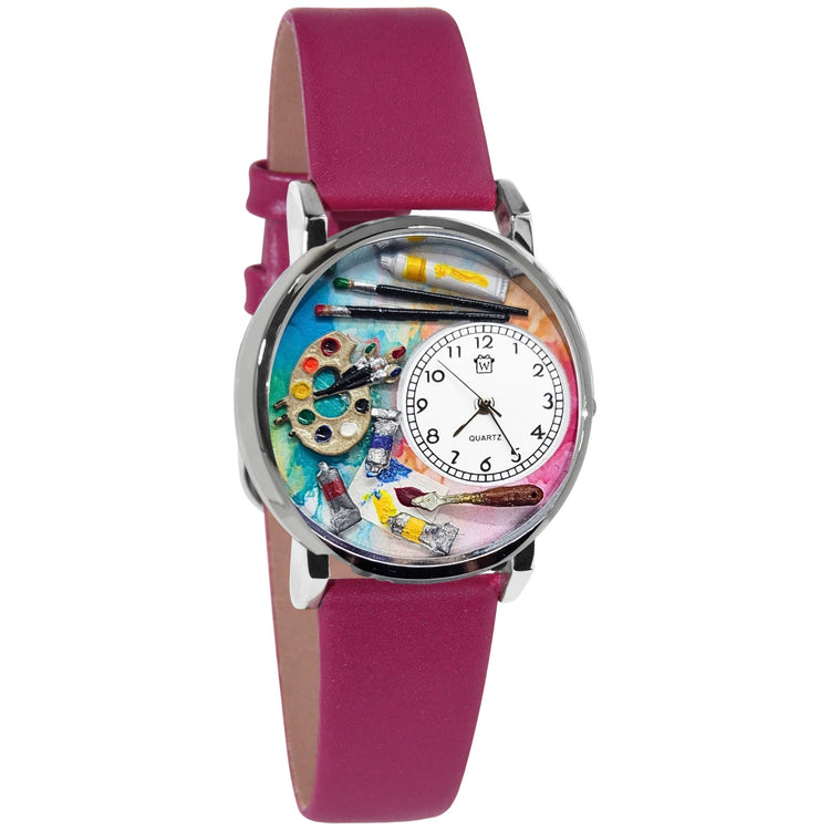 Whimsical Gifts | Artist Palette Bright and Bold 3D Watch Large Style | Handmade in USA | Artist |  | Novelty Unique Fun Miniatures Gift | Silver Finish Fuscia Leather Watch Band