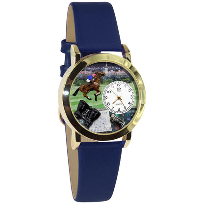 Whimsical Gifts | Horse Racing 3D Watch Small Style | Handmade in USA | Hobbies & Special Interests | Casino | Gaming | Game Night | Novelty Unique Fun Miniatures Gift | Gold Finish Blue Leather Watch Band