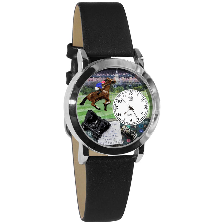 Whimsical Gifts | Horse Racing 3D Watch Small Style | Handmade in USA | Hobbies & Special Interests | Casino | Gaming | Game Night | Novelty Unique Fun Miniatures Gift | Silver Finish Black Leather Watch Band
